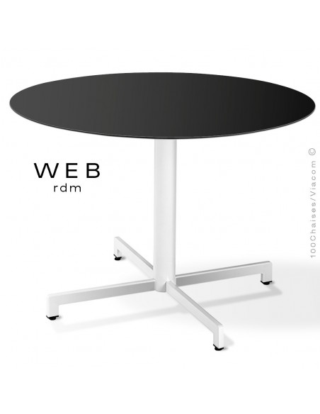 Table WEB, piétement quatre branches sur colonne, acier peint blanc, plateau compact noir