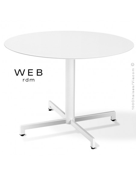 Table WEB, piétement quatre branches sur colonne, acier peint blanc, plateau compact blanc chant blanc