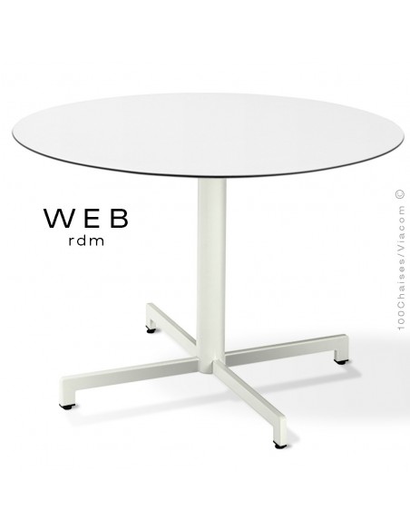 Table WEB, piétement quatre branches sur colonne, acier peint blanc pur, plateau compact blanc