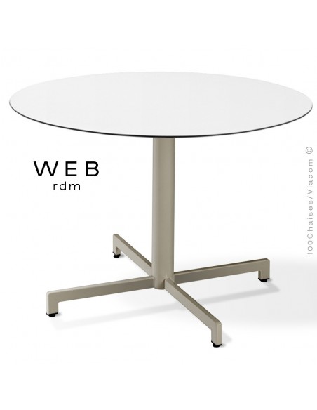 Table WEB, piétement quatre branches sur colonne, acier peint gris tourterelle, plateau compact blanc