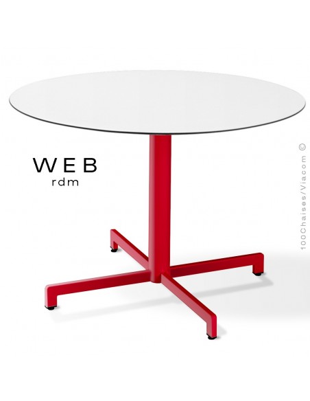 Table WEB, piétement quatre branches sur colonne, acier peint rouge, plateau compact blanc
