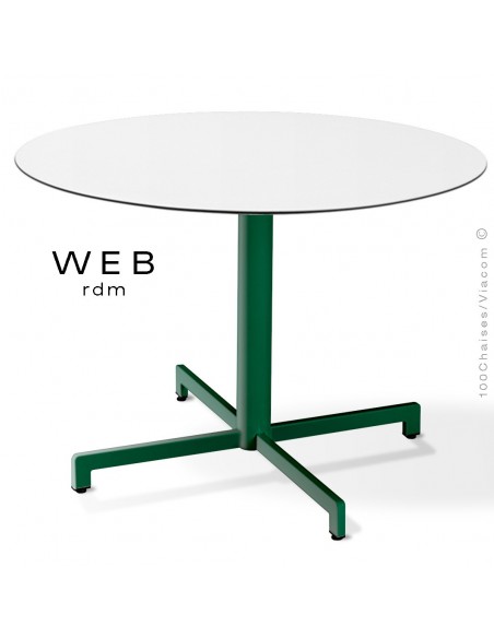 Table WEB, piétement quatre branches sur colonne, acier peint vert, plateau compact blanc