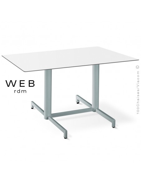Table WEB, piétement quatre branches sur double colonnes, acier peint aluminum, plateau compact blanc