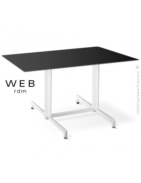 Table WEB, piétement quatre branches sur double colonnes, acier peint blanc, plateau compact noir
