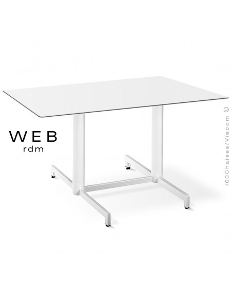 Table WEB, piétement quatre branches sur double colonnes, acier peint blanc, plateau compact blanc
