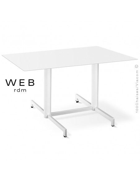 Table WEB, piétement quatre branches sur double colonnes, acier peint blanc, plateau compact blanc chant blanc