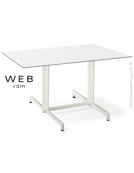 Table WEB, piétement quatre branches sur double colonnes, acier peint blanc pur, plateau compact blanc