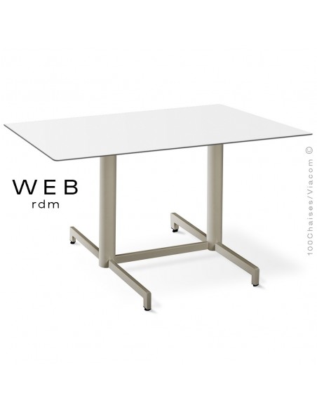 Table WEB, piétement quatre branches sur double colonnes, acier peint gris tourterelle, plateau compact blanc