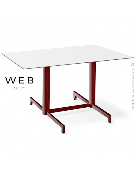 Table WEB, piétement quatre branches sur double colonnes, acier peint marron, plateau compact blanc