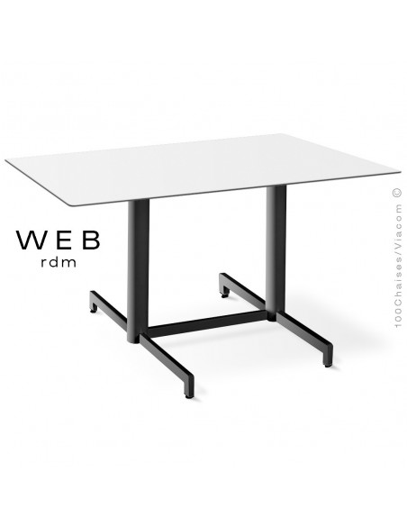 Table WEB, piétement quatre branches sur double colonnes, acier peint noir, plateau compact blanc