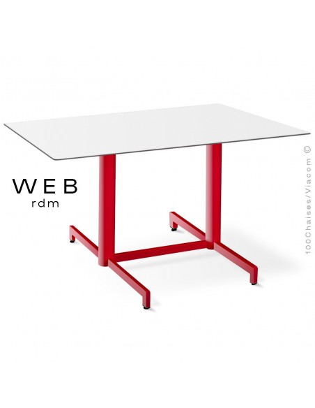Table WEB, piétement quatre branches sur double colonnes, acier peint rouge, plateau compact blanc