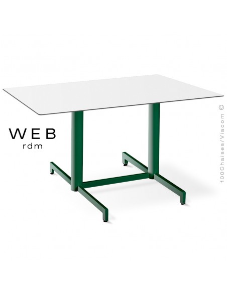 Table WEB, piétement quatre branches sur double colonnes, acier peint vert, plateau compact blanc