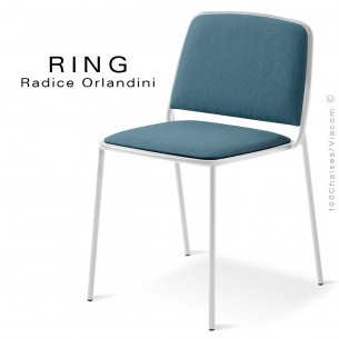 Chaise RING, assise et dossier garnis, piétement acier peint blanc, habillage tissu bleugris
