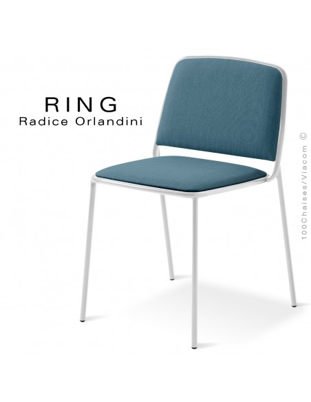 Chaise RING, assise et dossier garnis, piétement acier peint blanc, habillage tissu bleugris