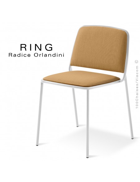 Chaise RING, assise et dossier garnis, piétement acier peint blanc, habillage tissu corde