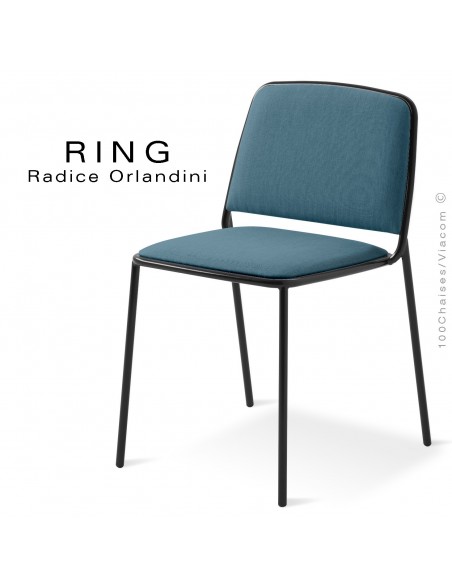 Chaise RING, assise et dossier garnis, piétement acier peint noir, habillage tissu bleugris