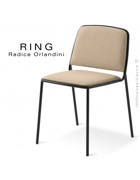 Chaise RING, assise et dossier garnis, piétement acier peint noir, habillage tissu crème