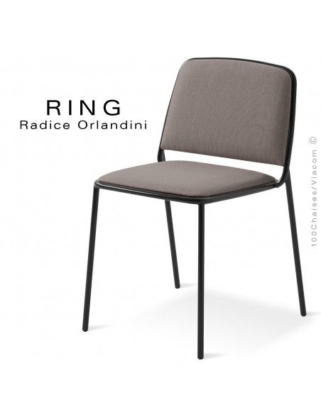 Chaise RING, assise et dossier garnis, piétement acier peint noir, habillage tissu gris clair