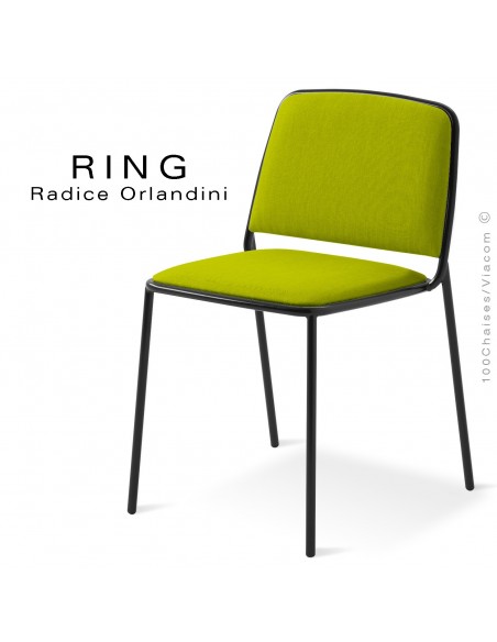 Chaise RING, assise et dossier garnis, piétement acier peint noir, habillage tissu pistache