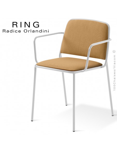 Fauteuil RING, assise et dossier garnis, piétement acier peint blanc, habillage tissu corde