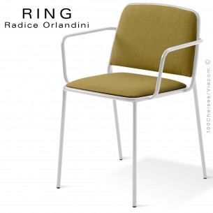 Fauteuil RING, assise et dossier garnis, piétement acier peint blanc, habillage tissu kaki