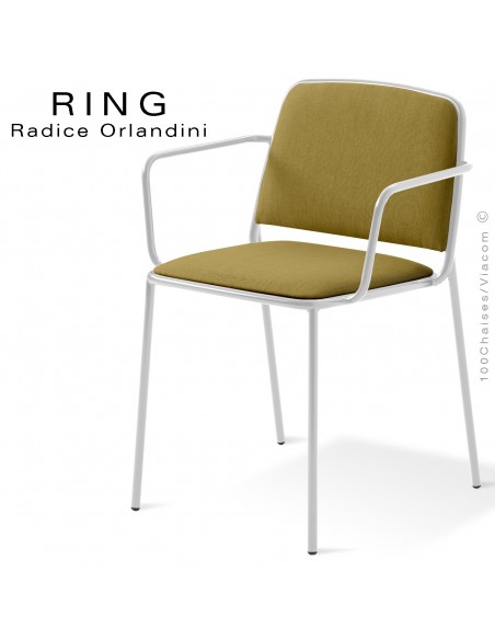 Fauteuil RING, assise et dossier garnis, piétement acier peint blanc, habillage tissu kaki