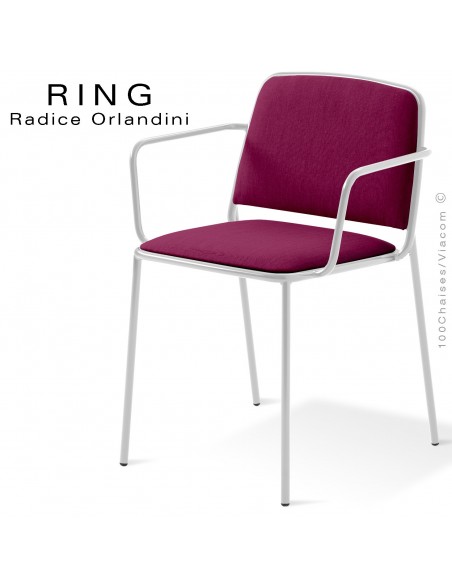 Fauteuil RING, assise et dossier garnis, piétement acier peint blanc, habillage tissu violet