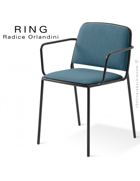 Fauteuil RING, assise et dossier garnis, piétement acier peint noir, habillage tissu bleu gris