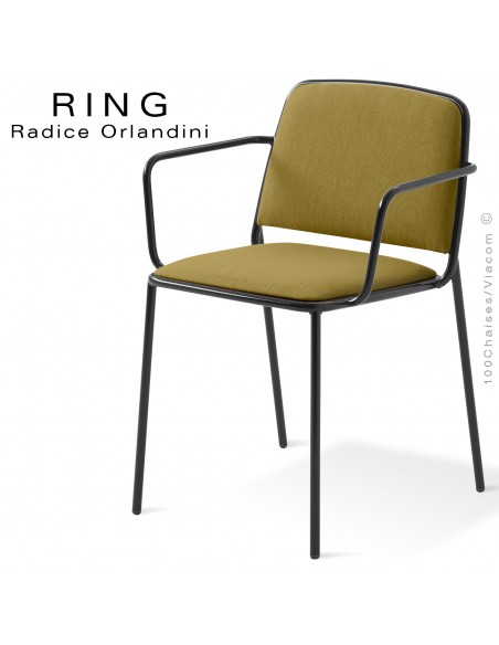 Fauteuil RING, assise et dossier garnis, piétement acier peint noir, habillage tissu kaki