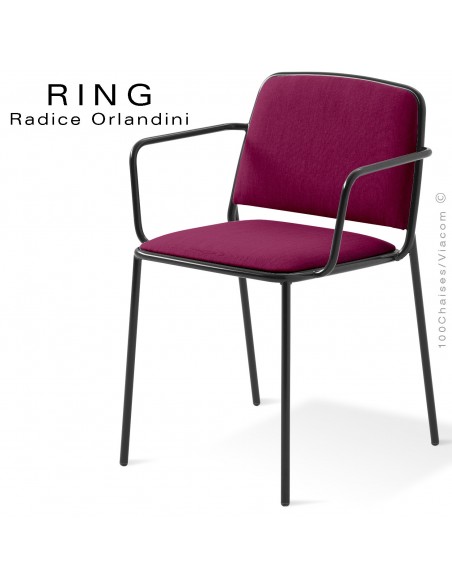 Fauteuil RING, assise et dossier garnis, piétement acier peint noir, habillage violet