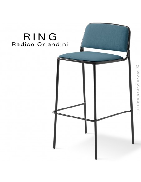 Tabouret RING, assise et dossier garnis, piétement acier peint noir, habillage tissu bleu gris