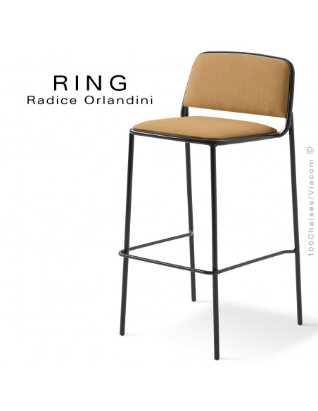 Tabouret RING, assise et dossier garnis, piétement acier peint noir, habillage tissu corde