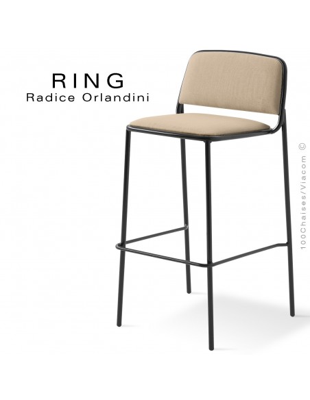 Tabouret RING, assise et dossier garnis, piétement acier peint noir, habillage tissu crème