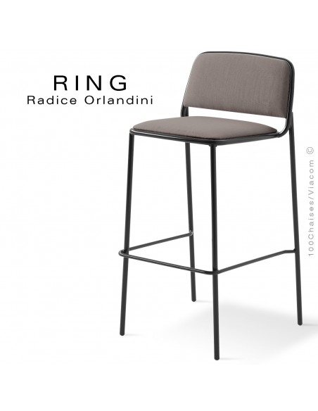 Tabouret RING, assise et dossier garnis, piétement acier peint noir, habillage tissu gris clair