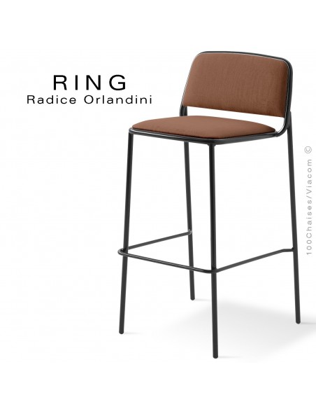 Tabouret RING, assise et dossier garnis, piétement acier peint noir, habillage tissu marron clair