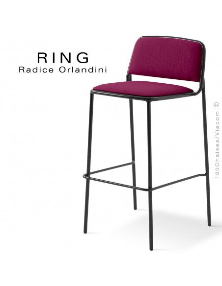 Tabouret RING, assise et dossier garnis, piétement acier peint noir, habillage tissu violet