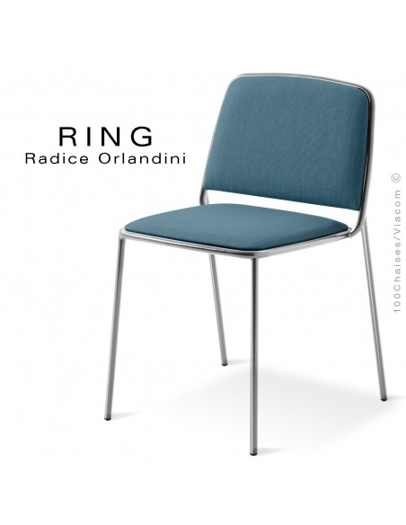 Chaise RING, assise et dossier garnis, piétement acier chromé, habillage tissu bleu gris