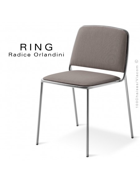 Chaise RING, assise et dossier garnis, piétement acier chromé, habillage tissu gris clair