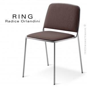 Chaise RING, assise et dossier garnis, piétement acier chromé, habillage tissu taupe