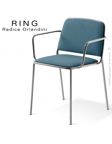 Fauteuil RING, assise et dossier garnis, piétement acier chromé, habillage tissu bleu gris