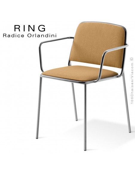 Fauteuil RING, assise et dossier garnis, piétement acier chromé, habillage tissu corde