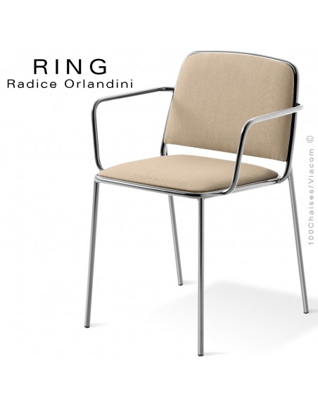 Fauteuil RING, assise et dossier garnis, piétement acier chromé, habillage tissu crème