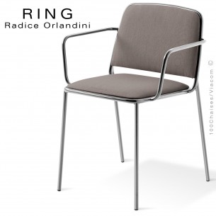 Fauteuil RING, assise et dossier garnis, piétement acier chromé, habillage tissu gris clair