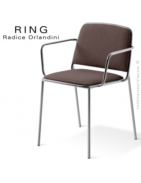 Fauteuil RING, assise et dossier garnis, piétement acier chromé, habillage tissu taupe