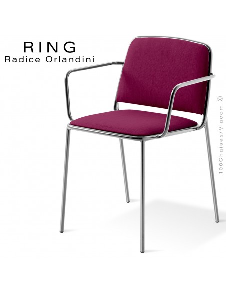 Fauteuil RING, assise et dossier garnis, piétement acier chromé, habillage tissu violet