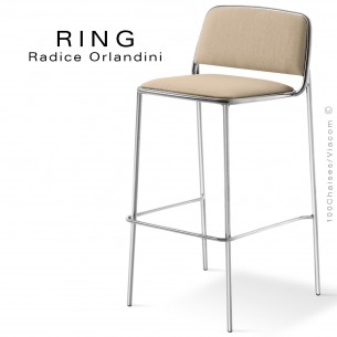 Tabouret design RING, assise et dossier garnis, piétement acier peint ou chromé brillant, habillage tissu tissé crème.