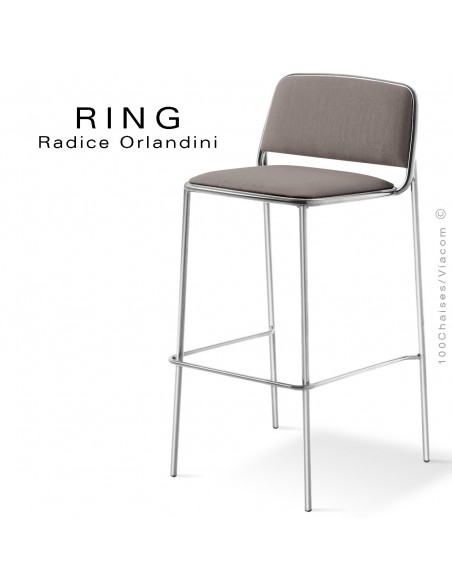 Tabouret RING, assise et dossier garnis, piétement acier chromé, habillage tissu gris clair