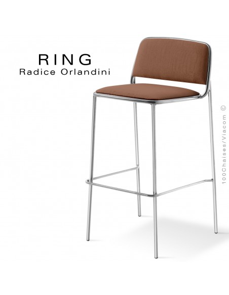 Tabouret RING, assise et dossier garnis, piétement acier chromé, habillage tissu marron clair