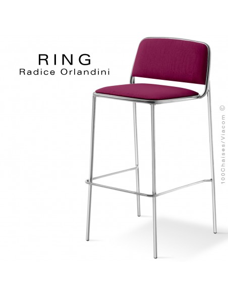 Tabouret RING, assise et dossier garnis, piétement acier chromé, habillage tissu violet