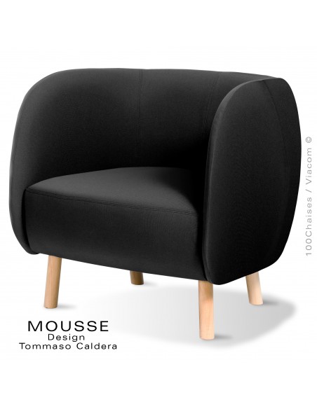 Fauteuil lounge Mousse, piétement bois hêtre naturel, assise et dossier garnie, habillage tissu noir
